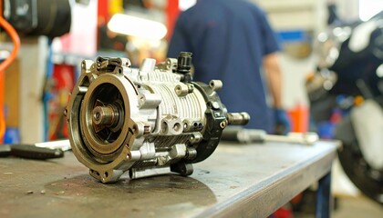 engine part on workbench in motorcycle repair shop