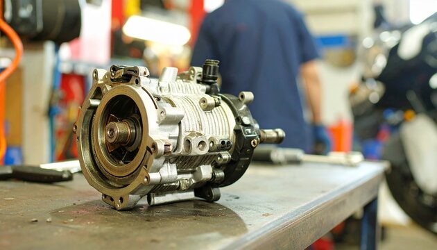 engine part on workbench in motorcycle repair shop - Powered by Adobe