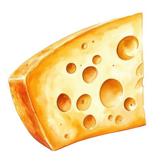 Watercolor illustration of a cheese wedge featuring prominent holes and a rich golden hue. Artwork highlights detailed texture and color of the cheese slice. Isolated on transparent background- png.