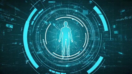 Abstract digital graphic of a human silhouette within a complex network of concentric rings and data streams - Powered by Adobe