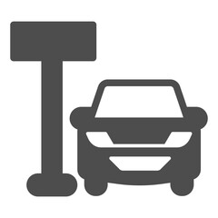 Obraz premium Signpost of place and car solid icon, learners permit concept. Vector graphics. Car vehicle and plank pole, location tag sign on white background, glyph style icon for mobile or web design.
