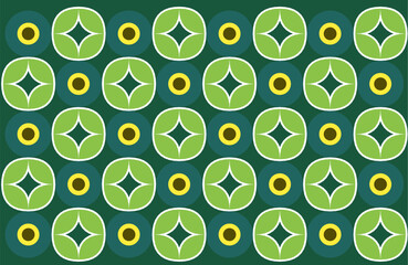 vector seamless pattern with green leaves. Deep Forest Indonesian Ethnic Style Batik Background with Modern Geometric Floral and Concentric Circles in Green and Yellow.
