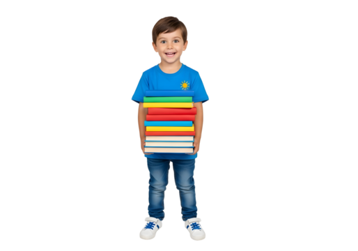 A young boy in a blue t-shirt and jeans happily holds a stack of colorful books, ready for learning and adventure