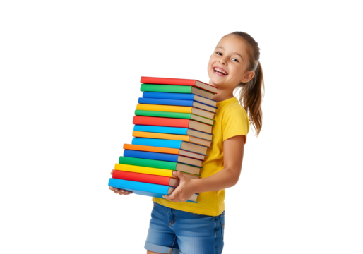 A young girl smiles while holding a large stack of colorful books, symbolizing education and a love for reading