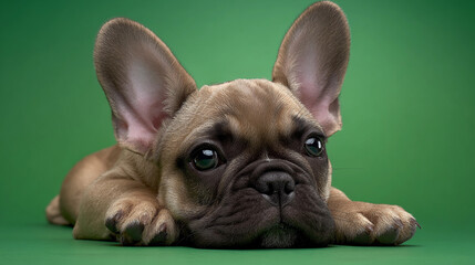 Cute French bulldog puppy resting on green background