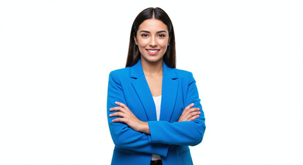 Confident hispanic businesswoman in blue jacket, arms folded and smiling, isolated on white background. Generative AI