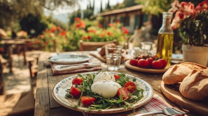 Delicious Caprese style salad with bread and olive oil is ready for a pleasant outdoor meal