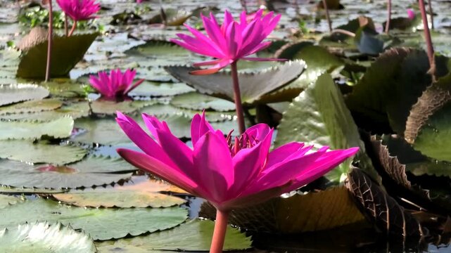 Beautiful pink water lily bloom at Malarikkal, Kottayam, Kerala, India | Malarikkal Water Lily Festival