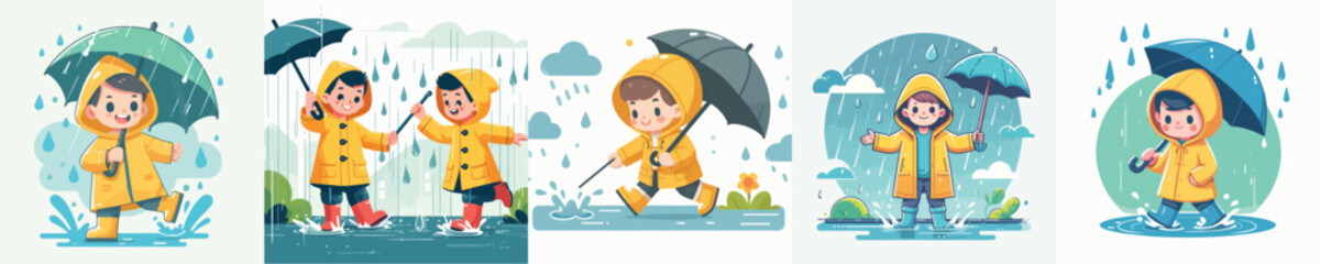 vector of a boy playing in the rain wearing raincoats