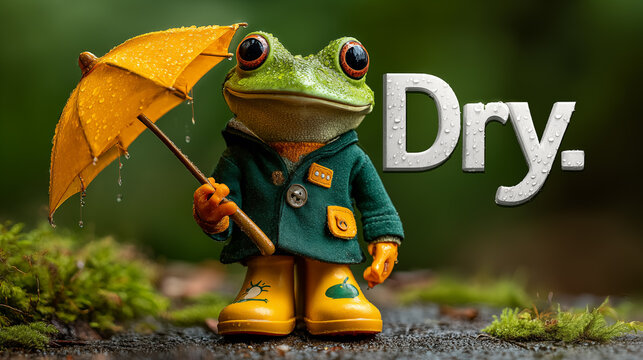 Frog in rain boots with umbrella and the word DRY.