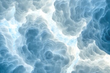A mesmerizing view of fluffy, blue-toned clouds illuminated from above, creating a dreamlike atmosphere.