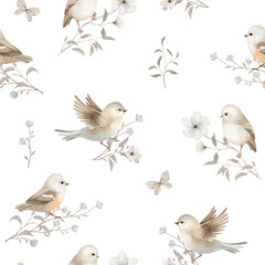 Floral seamless pattern of delicate plants, flowers and branches with cute abstract birds and butterfly. Isolated watercolor print with design elements for your wallpaper, background, cover or textile