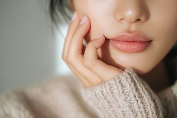 若い女性が頬に手を添えるやさしい表情のクローズアップ