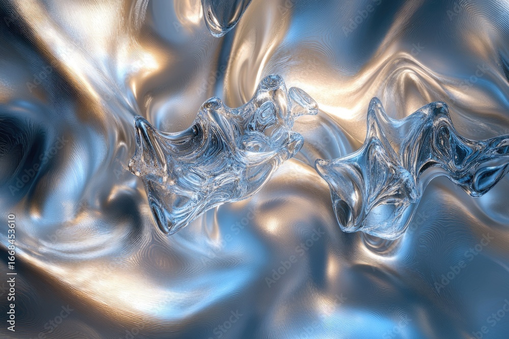 Poster abstract art depicting translucent, glass-like forms floating on a shimmering, metallic surface.