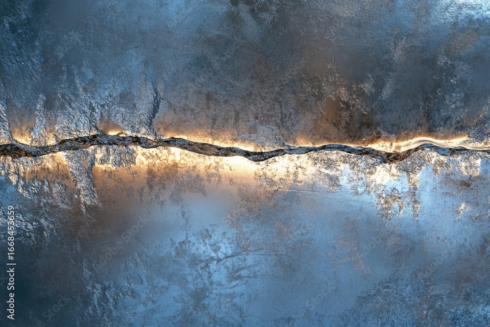 Poster a crack in a metallic surface is illuminated with warm light, creating a dramatic contrast between c