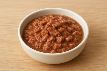 Wet cat food lies in a bowl in close-up