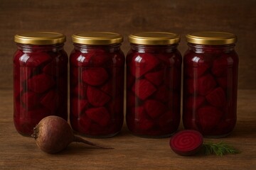 Homemade pickled beetroot in glass jars with herbs