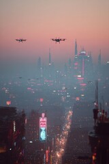 Fototapeta premium Aerial view of drones soaring over a futuristic city at dusk
