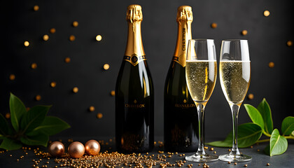 Two champagne bottles and flutes with gold decorations, ideal for celebrations.