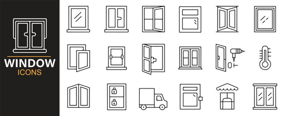 Vector window icon collection for home renovation and construction, featuring locks, handles, and window panes.