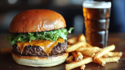 Juicy cheeseburger served with golden fries and a pint of beer on a rustic wooden table.