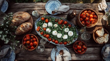 A fresh outdoor meal featuring Caprese salad and bread set on a rustic wooden table