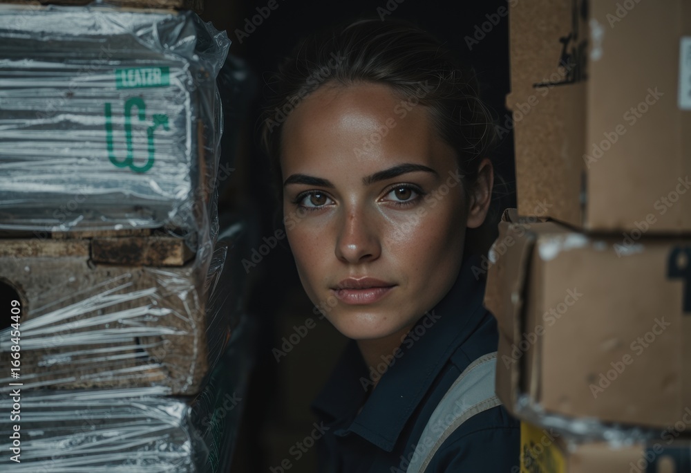Poster market loading aide standing by a pallet corner guard in a warehouse setting