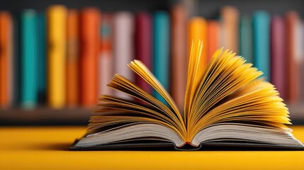 Fototapeta premium Open yellow book with blurred bookshelf background