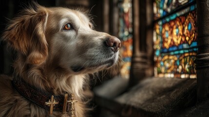 Golden Retriever Dog Portrait with Crosses on Collar, Looking at Stained Glass Window in a Church, Religious Symbolism