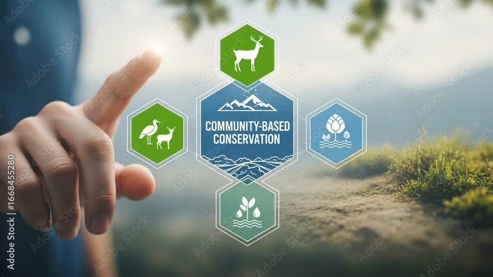 Poster finger touching community based conservation icons over blurred nature background image display