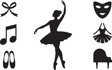 Ballet Dancer Silhouette with Dance Elements on Transparent Background for Art Projects