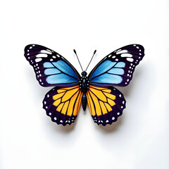 Vibrant butterfly showcasing a spectrum of colors, set against a clean white backdrop.