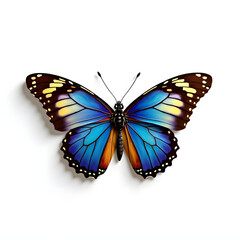Obraz premium Spectacular blue butterfly isolated against a clean white backdrop, showcasing vibrant colors.