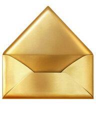 Open gold envelope with a glossy finish and triangular flap- perfect for delivering important or celebratory messages. Isolated on transparent background- png.