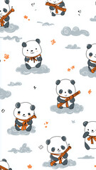 Fototapeta premium Cute panda pattern with light colors and simple, adorable design featuring pandas playing flutes and wearing scarves on clouds. playful and whimsical style adds charm