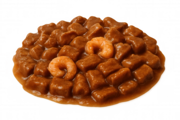 Wet pet food containing succulent prawns and meat pieces, swimming in savory gravy against clean white backdrop