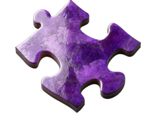 A textured purple puzzle piece with a matte surface- representing connection and problem-solving. Isolated on transparent background- png.