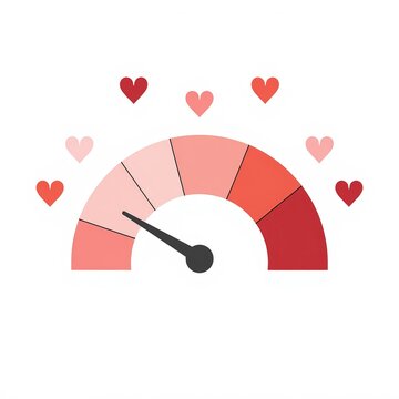 A colorful love meter graphic indicating varying levels of affection, surrounded by heart shapes in shades of red and pink
