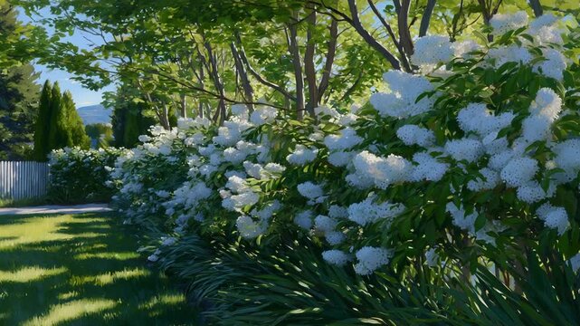 Morning light bathes a spirea hedge in a summer park, highlighting white flowers and fresh green foliage for a serene, natural scene.
