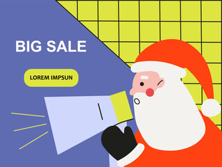 Santa Claus announces discount on the Christmas sale using a megaphone. Santa makes an announcement. Christmas vector illustration
