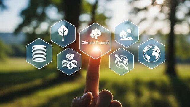 Finger touching climate finance icon with tree and sun icons in a blurred green forest scene