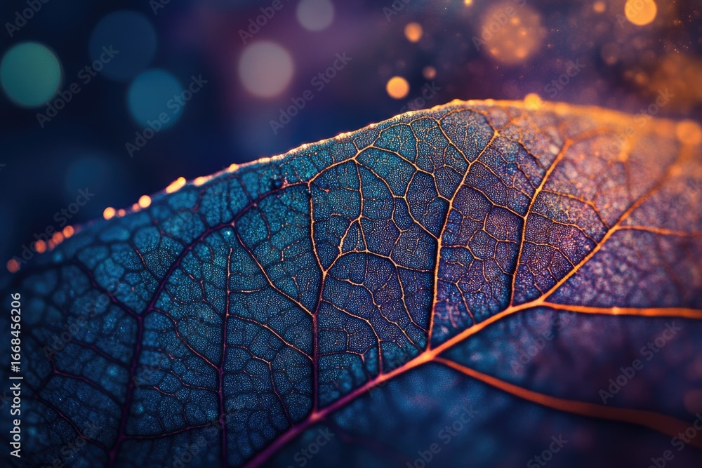 Poster close-up of a leaf's intricate vein structure, glowing with vibrant colors and bokeh background.