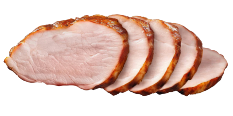 Sliced Roasted Pork Loin Close Up. A detailed view of succulent- roasted pork loin- showcasing the juicy and tender slices. Isolated on transparent background- png.