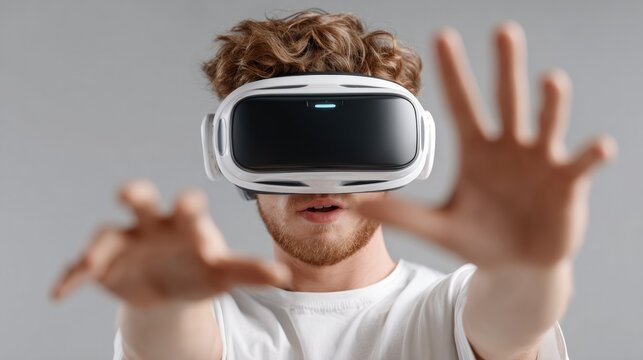 Young man wearing VR headset exploring virtual space
