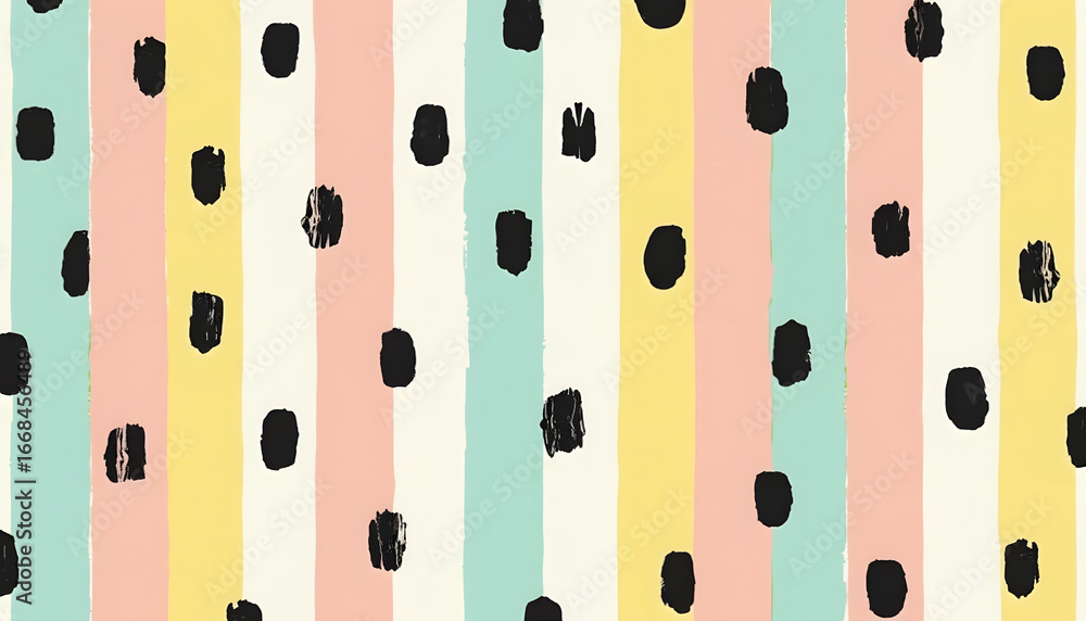 Poster pastel colored background with vertical stripes and black dots creating a fun and stylish design.