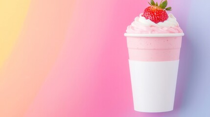 Refreshing ice cream cup, creamy pink and white dessert topped with a strawberry, vibrant pastel background, perfect for summer treats.
