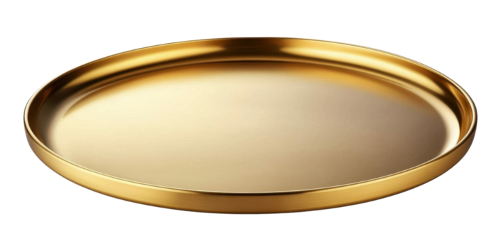 Minimalist Golden Plate With Smooth Finish- featuring a sleek and reflective surface- ideal for modern and elegant dining settings. Isolated on transparent background- png. - Powered by Adobe