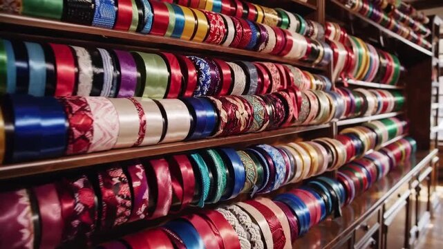 variety of vividly colored narrow fabric strips available for purchase in classic notions store