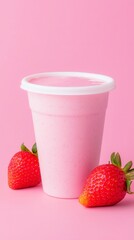Colorful drink cup with vibrant strawberries, playful pastel theme, perfect for summer refreshment or party invites.