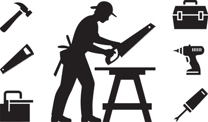 Carpenter Silhouette with Tools Icon Set, Woodworking, Crafting, and Construction © MC Creative